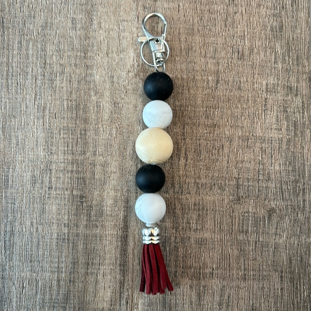 Handmade Silicone Beaded Keychain w Tassel & Lobster Claw Luggage Tag black&gray